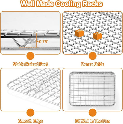 TeamFar 16/12.5/10.5 Inch Baking Sheet with Wire Rack, Stainless Steel Cookie Sheets Baking Pans and Cooling Racks for Cooking, Non-Toxic & Heavy Duty, Dishwasher Safe, 6 PCS (3 Pans + 3 Racks)
