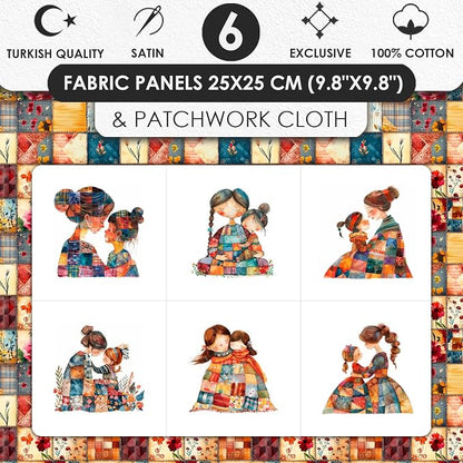 Patchwork Mother & Daughter Cotton Fabric Panel – 6 Designs (10×10 inch Each) + Bonus Sheet 29.5×19.6 inch, 100% Cotton 140 GSM, Made in Türkiye
