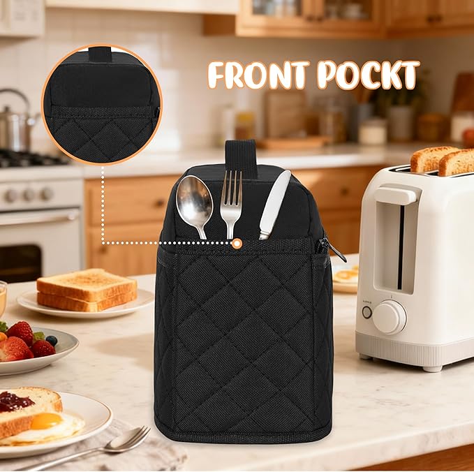 CROTIRAD Cute Slim Toaster Dust Cover Compatible with Bella 2 slice slim toaster, Hanging Thin Bread Maker Cover for Bella with Pockets and Elastic Band, Quilted Black