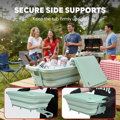Feasto Collapsible BBQ Prep Tubs with Cutting Board, 9-IN-1, 2 Tubs Portable Grill Prep Station with Side Brackets, Lids, Knives, Meat Claws and Drain Rack, Space-Saving for Kitchen & Camping, Green
