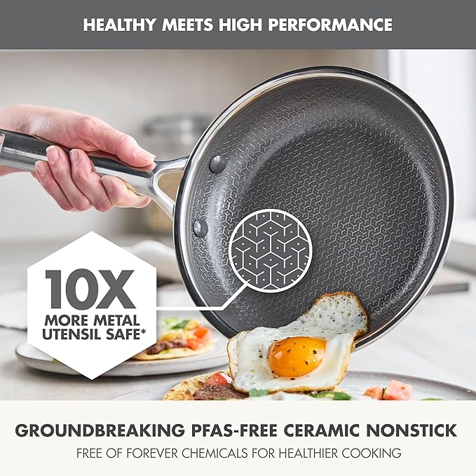 GreenPan Hybrid 6-Piece Frying Pan Set (8, 10, 12-inch Skillets with Glass Lids), Ceramic Nonstick with Tri-Ply Stainless Steel, Induction & All Cooktop Compatible, Dishwasher & Oven Safe, Silver