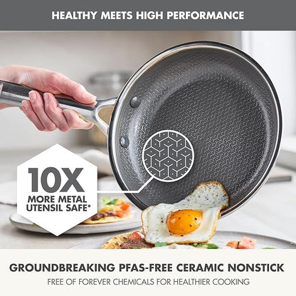 GreenPan Hybrid 6-Piece Frying Pan Set (8, 10, 12-inch Skillets with Glass Lids), Ceramic Nonstick with Tri-Ply Stainless Steel, Induction & All Cooktop Compatible, Dishwasher & Oven Safe, Silver
