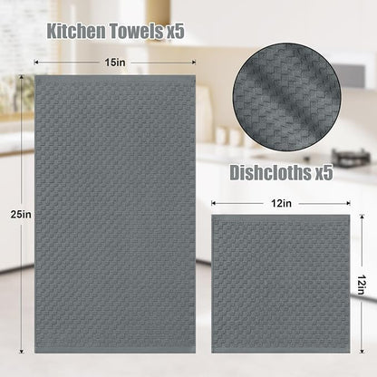Homaxy 100% Cotton Kitchen Towels and Dishcloths Set, 12 x 12 & 15 x 25 Inches, Set of 10 Bulk Terry Cloth Dish Towels, Super Soft and Absorbent Hand Towel with Hanging Loop, Dark Grey