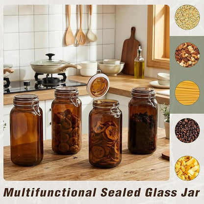 Norme 4 Pack 78oz Amber Airtight Glass Jars with Lids, Square Food Storage Container Airtight Food Wire Clip Fastening for Sauerkraut Flour Kitchen Sugar Cereal Kitchen Canning Pickling Mason Jars