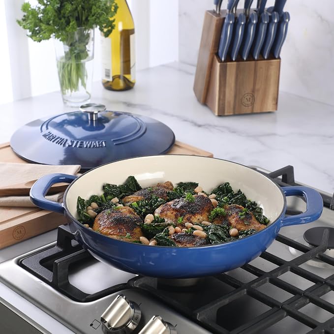 Martha Stewart Gatwick Enameled Cast Iron Braiser with Lid, 3.5-Quart Braiser Pan for Stovetop & Oven, Cast Iron Braising Pan, Blue