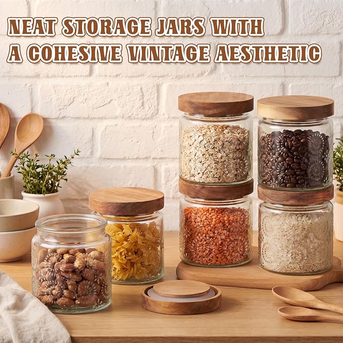 Suclain 6 Pcs 17 OZ Vintage Glass Jar with Acacia Wood Lids Airtight Glass Storage Canisters Kitchen Spice Jars Food Storage Containers for Pantry Coffee Grains Tea Sugar Flour(Fireworks)