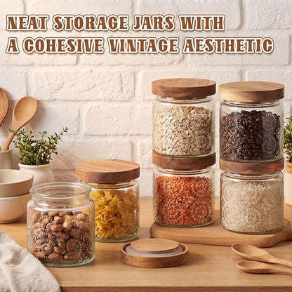Suclain 6 Pcs 17 OZ Vintage Glass Jar with Acacia Wood Lids Airtight Glass Storage Canisters Kitchen Spice Jars Food Storage Containers for Pantry Coffee Grains Tea Sugar Flour(Fireworks)