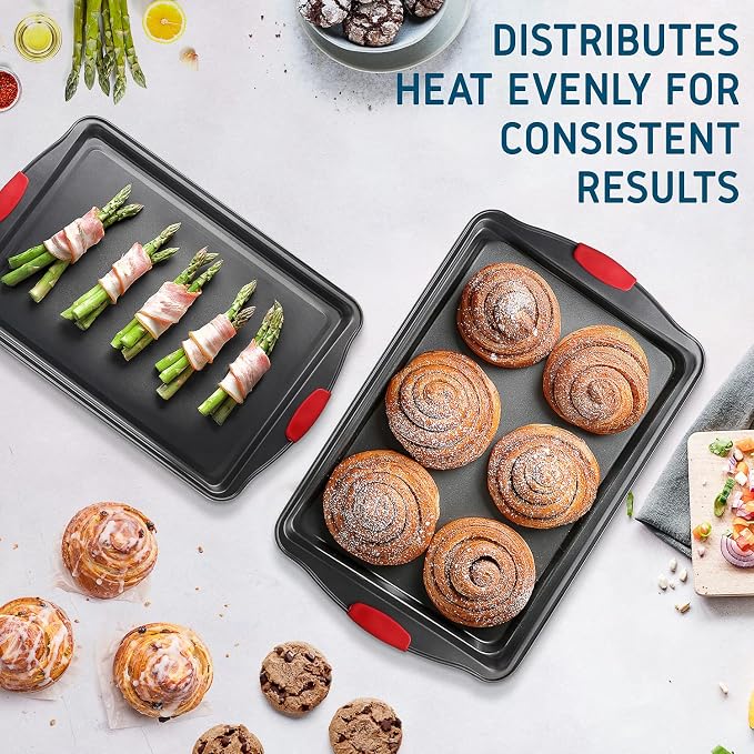 Baking Sheet, 2PC Cookie Sheet Set with Silicone Handles, Nonstick Steel Baking Pan, Baking Sheets for Oven, BPA Free Baking Pans Set, Cookie Sheets– Black Bakeware, Small & Medium