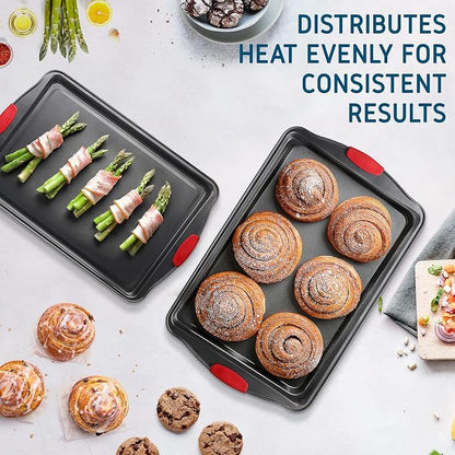 Baking Sheet, 2PC Cookie Sheet Set with Silicone Handles, Nonstick Steel Baking Pan, Baking Sheets for Oven, BPA Free Baking Pans Set, Cookie Sheets– Black Bakeware, Small & Medium
