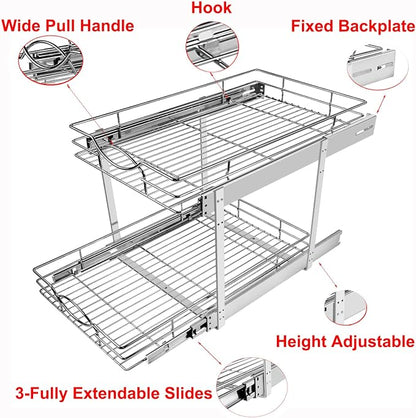 Sikarou Pull Out Cabinet Organizer 20" W x 21" D 2-Tier Individual Slide Out Drawer Pantry Shelf Storage for Kitchen Base Cabinet Organization for Kitchen, Bathroom, Pantry, Chrome