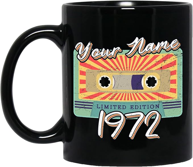 Personalized Vintage Cassette Tape Vintage 1972 Mug, Custom Your Name, 1972 Retro Coffee Mug, 50th Birthday Present Gifts, 1972 Birthday Gift For Friends Family, Customizable Black Tea Cups