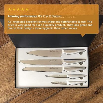 Jean-Patrique Chopaholic Kitchen Knife Set - 5 Knives Set for Kitchen - Stainless Steel Kitchen Knives with Carving Knife, Bread Knife, Chefs Knife, Utility Knife, Paring Knife Set