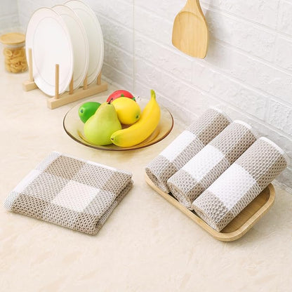 Homaxy Kitchen Towels and Dishcloths Set, 12 x 12 and 13 x 28 Inches, Set of 16 100% Cotton Waffle Weave Check Plaid Kitchen Dish Towels, Super Soft and Absorbent Dish Cloths, White & Khaki