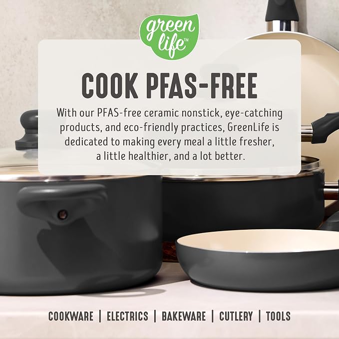 GreenLife 2 Quart Nonstick Saucepan with Lid, Non-Toxic Ceramic Pot, Dishwasher Safe, Stay-Cool Handle, Induction Ready, Fast Heating, PFAS Free, Easy Clean, Graphite Black
