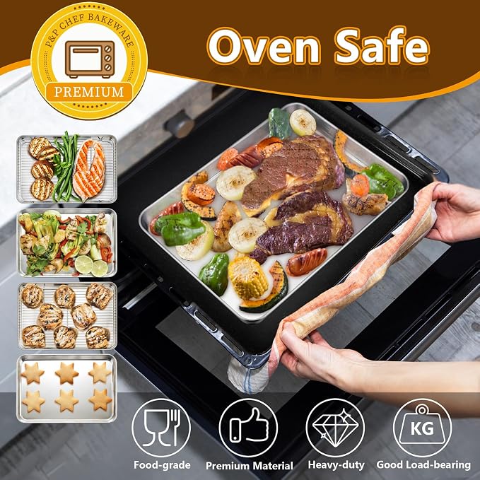 P&P CHEF 16+12.5+9 Inch Baking Sheets with Racks Set, Stainless Steel Baking Cookie Sheet Oven Pan and Cooling Rack, Healthy & Easy Clean, Oven & Dishwasher Safe, 3 Sizes & 6Pcs