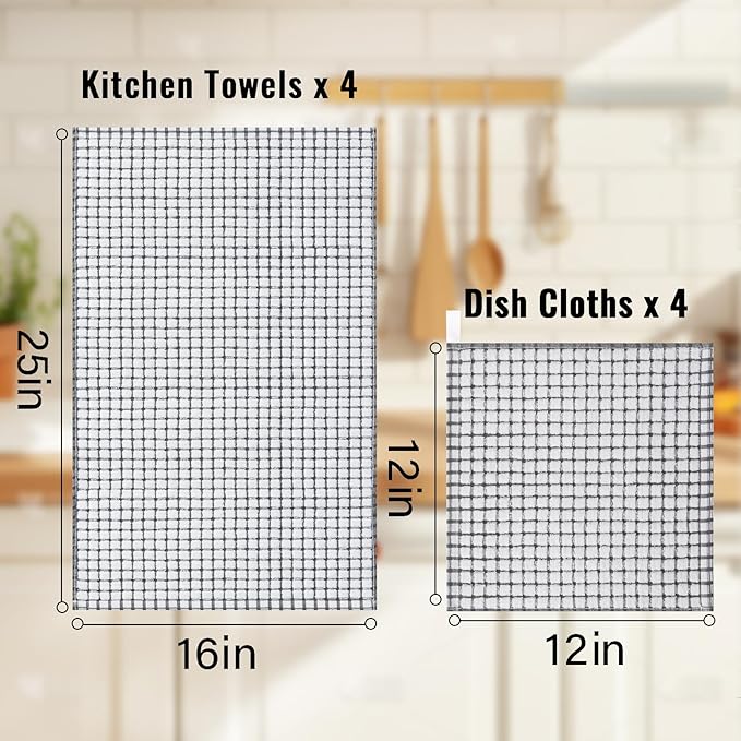 Homaxy Kitchen Towels and Dishcloths Set, 16 x 25 and 12 x 12 Inches, Set of 16 Cotton Terry Kitchen Dish Towels, Super Soft and Absorbent Dish Cloths, Black/Grey/Yellow/Green