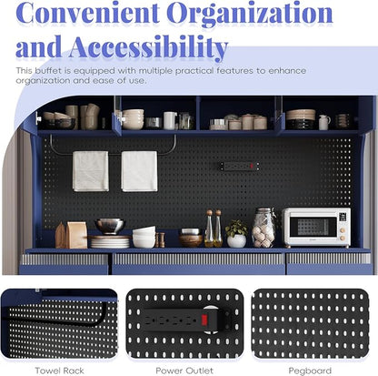 VilroCaz Freestanding Large Kitchen Pantry, Wooden Kitchen Large Coffee Bar Storage Cabinet with 6 Drawers, 5 Cabinets with Adjustable Shelves, Pegboard, Towel Rack, Power Outlet