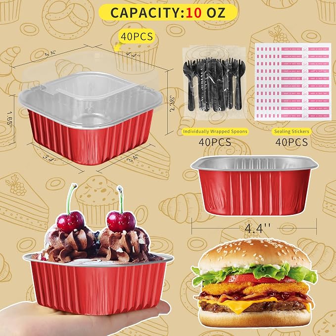10oz Aluminum Foil Brownie Pans with Lids, 40 Pack Square Cake Pans, Disposable Ramekins Cupcake Cups Containers,Mini Cake Baking Pans,Large Muffin Tin Holder for Catering Gathering - Red