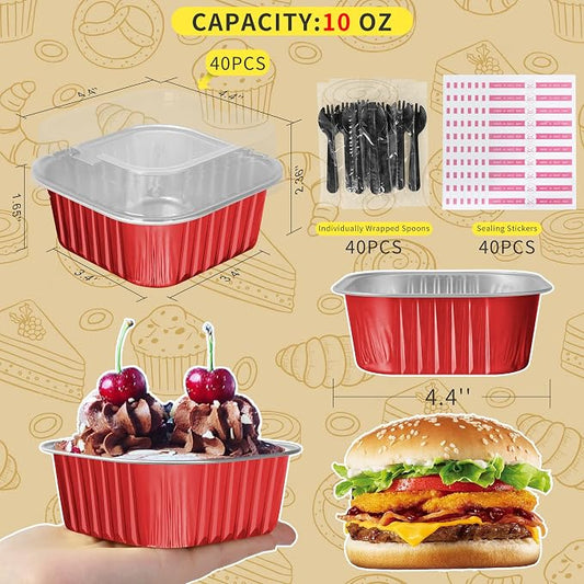10oz Aluminum Foil Brownie Pans with Lids, 40 Pack Square Cake Pans, Disposable Ramekins Cupcake Cups Containers,Mini Cake Baking Pans,Large Muffin Tin Holder for Catering Gathering - Red