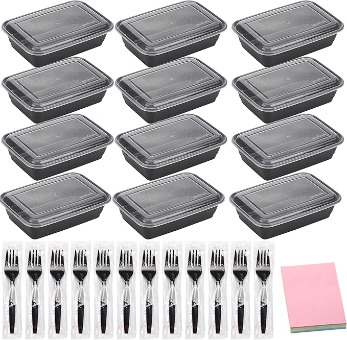 12 Pack Meal Prep Containers 38oz Food Prep Containers with Lids Forks and Sticky Note for Food Safe Take Out Plastic Food Storage Dessert Containers Salad Containers