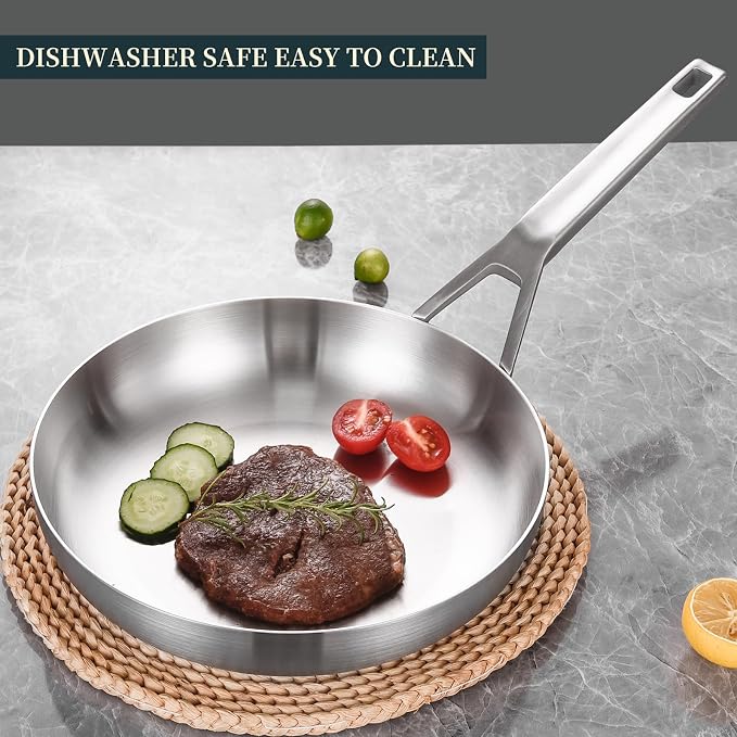 Yeksum Tri - Ply Stainless Steel Frying Pan Set 8" 10" Skillets with Tempered Glass Lids Durable, Ideal for Eggs, Induction Compatible up to 600°F