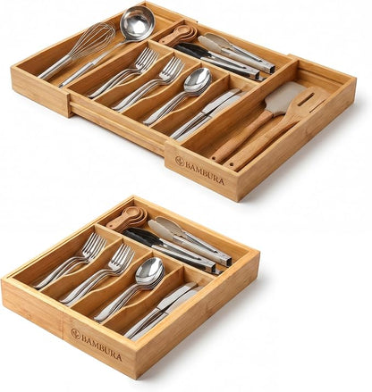 Premium Bamboo Utensil Drawer Organizer Expandable – Modular Silverware Organizer Adjustable Design w/Deep Compartments, Kitchen, & Office Drawer Dividers for Utensils, Cutlery, Makeup, Desk