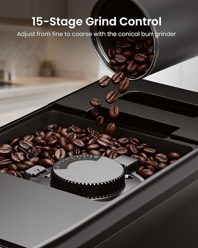 Fully Automatic Espresso Machine with Grinder, 20 Bar Coffee Maker with Milk Frother, Touchscreen Espresso Machine for Cappuccino, Latte & Americano, 15 Grind Settings, Self-Cleaning (Black)