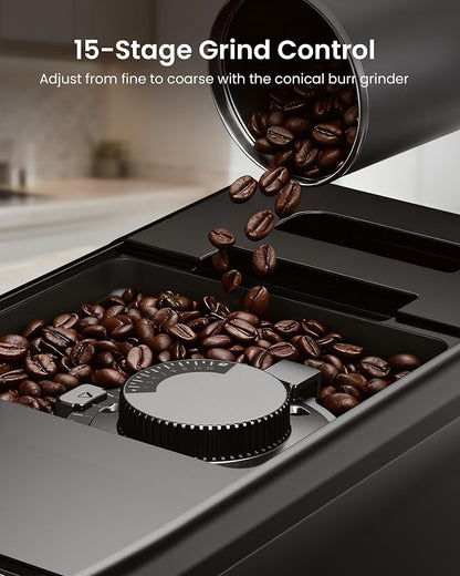 Fully Automatic Espresso Machine with Grinder, 20 Bar Coffee Maker with Milk Frother, Touchscreen Espresso Machine for Cappuccino, Latte & Americano, 15 Grind Settings, Self-Cleaning (Black)