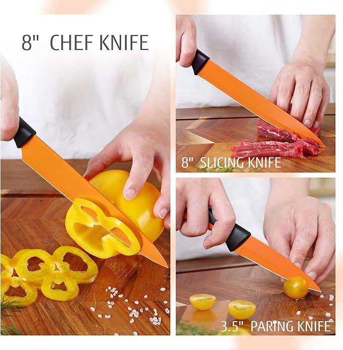 hecef 14 Pieces Kitchen Knife Set with Built-in Sharpening Wooden Block, Dishwasher Safe, High Carbon Stainless Steel Knife Block Set with Steak Knives, Kitchen Scissors (Orange)