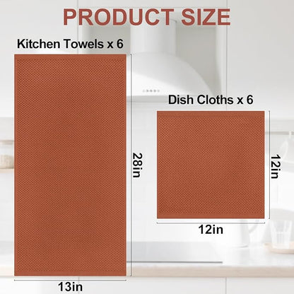 Homaxy 100% Cotton Kitchen Towels and Dishcloths Set, 12 x 12 Inches and 13 x 28 Inches, Set of 12 Bulk Kitchen Towels Set, Ultra Soft Absorbent Dish Cloths for Washing Dishes, Rust
