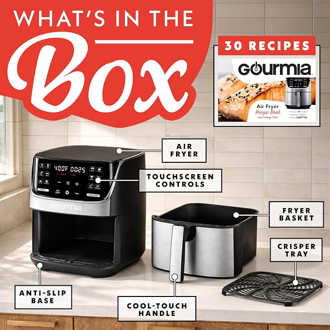Gourmia Air Fryer - 7 Qt Capacity, LED Display, 12 One-Touch Presets, FryForce 360° Technology, Nonstick Dishwasher-Safe Basket & Crisper Tray, Stainless Steel