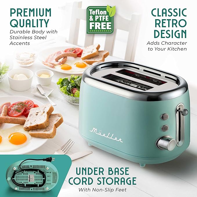MUELLER HOME Retro Toaster 2 Slice, 7 Browning Levels, 3 Functions (Reheat, Defrost, Cancel), Stainless Steel Features, Removable Crumb Tray, Under Base Cord Storage, Turquoise