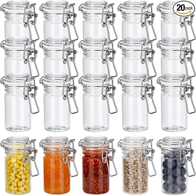Suclain 20 Pcs 3 oz PET Plastic Storage Jars with Airtight Hinged Lid Mini Sealed Clear Wide Mouth Spice Jar Empty Round Leak Proof Canning Storage Containers for Sugar Jam Sauces Herbs Coffee