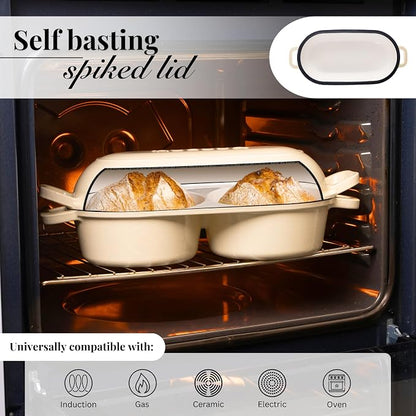Dutch Oven For Sourdough Bread Baking – Enamelled Cast Iron Bread Loaf Pot – 500°F Oven Safe Non Stick Bread Pot – Double Round Loaf Space, 16.5cm Diameter, Cream, – by Nuovva