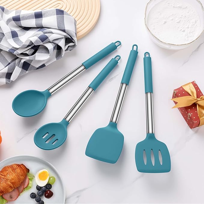 LIANYU Silicone Kitchen Cooking Utensils Set, 4Pcs Heat Resistant Kitchen Tools Spatula for Nonstick Cookware, Slotted Turner, Spoon, Soup Ladle, Pasta Server, Skimmer, Tongs, Blue