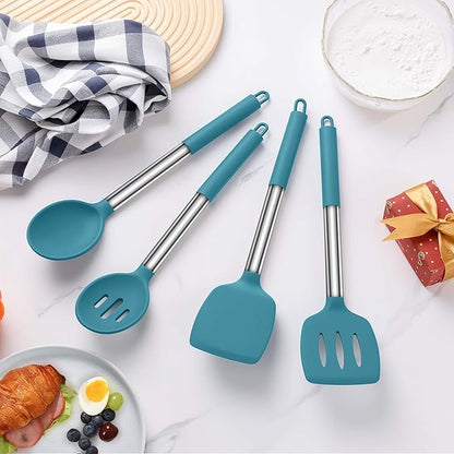 LIANYU Silicone Kitchen Cooking Utensils Set, 4Pcs Heat Resistant Kitchen Tools Spatula for Nonstick Cookware, Slotted Turner, Spoon, Soup Ladle, Pasta Server, Skimmer, Tongs, Blue
