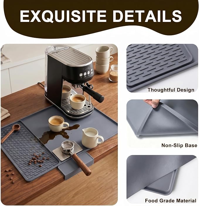 Caketime 2 In 1 Silicone Coffee Bar Mat Accessories for Keurig Coffee Maker pot with Detachable Dish Drying Rug Kitchen Counter Under Sink Drainer Necessities Rome Decor 16"x16" Light Gray