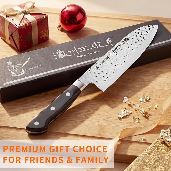 6.7 Inch Santoku Knife, Made in Japan, Full Tang AUS-6 High Carbon Molybdenum Stainless Steel Japanese Chef Knife with Hammered Blade, Kitchen Knife Gifts for Men and Women