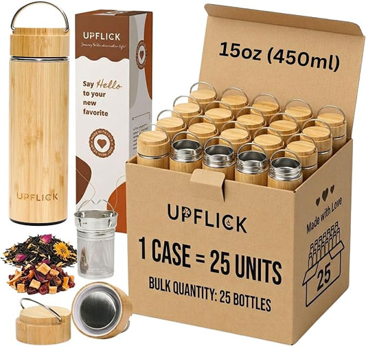 Bamboo Water Bottle Tea Tumbler 15 oz Set of 25 pcs Wide Mouth Leak Proof Insulated Double Wall