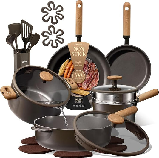 CAROTE Pots and Pans Set Non Stick, 21PCS Cookware Set with Strainer Lid, Induction Cooking Set with Kitchen Utensils, Dark Green