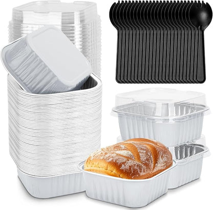 60 Pack 10oz Mini Disposable Cake Pans with Lids, Aluminum Foil Square Baking Cups, 4.4x4.4 Large Baking Cake Tins Cup Cake Containers with Lids for Thanksgiving Christmas Individual Cakes