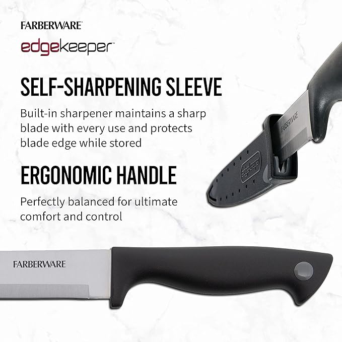 Farberware Edgekeeper 8-Inch Slicing Knife with Self-Sharpening Blade Cover, High Carbon-Stainless Steel Kitchen Knife with Ergonomic Handle, Razor-Sharp Knife, Black