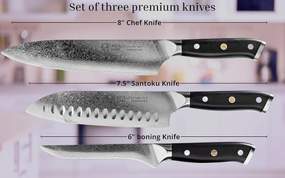 Set of 3 Premium Japanese Damascus Chef Knives – VG10 Steel Core, 67-Layer Razor-Sharp Blades, Full Tang Design with Ergonomic Handles, Presented in a Luxury Natural Wood Gift Box