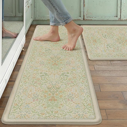 Kitchen Mats for Floor Thick Anti Fatigue Waterproof Vintage Spring Floral Kitchen Rugs 2PCS Cushioned Non Slip Green Comfort Standing Mats for Sink Laundry Office 17.3"×47"+17.3"×30"