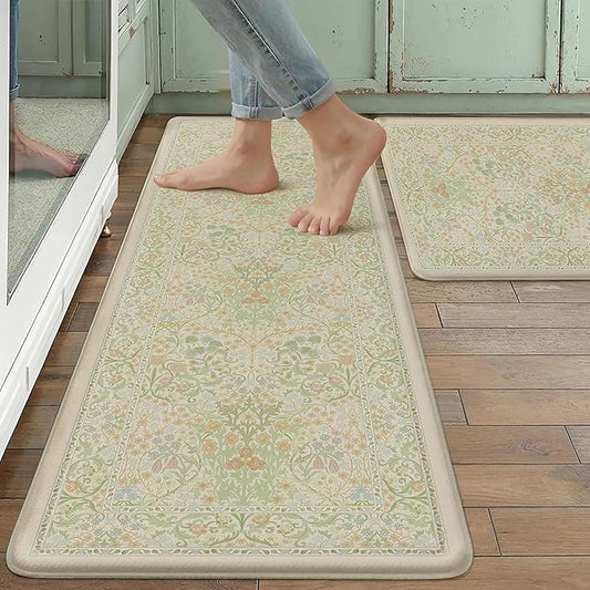 Kitchen Mats for Floor Thick Anti Fatigue Waterproof Vintage Spring Floral Kitchen Rugs 2PCS Cushioned Non Slip Green Comfort Standing Mats for Sink Laundry Office 17.3"×47"+17.3"×30"