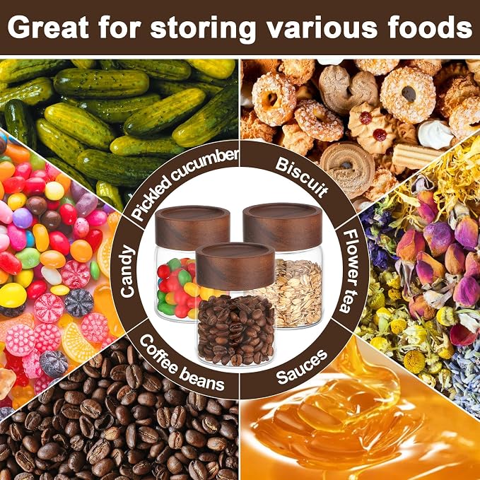 5oz Glass Jars with Wood Lids, 2 Pack 160ml Clear Glass Mason Jars with Airtight Wooden Lids, Screw Top Coffee Canister, Kitchen Pantry Storage Containers for Sugar, Spice, Tea, Candy, Nuts