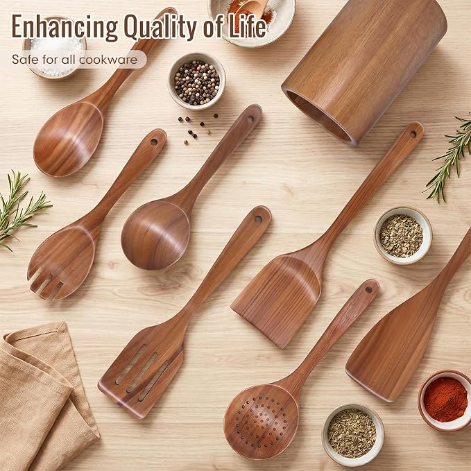 Wooden Cooking Utensils Set with Holder, 8 Pcs Teak Wood Kitchen Utensils for Nonstick Cookware, Wooden Spoons and Spatulas for Cooking, Farmhouse Kitchen Accessories