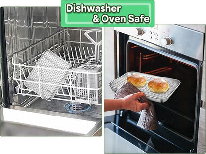 TeamFar Toaster Oven Pan with Rack Set, 9’’ x 7’’ x 1’’ Stainless Steel Compact Toaster Oven Small Baking Pan Tray with Mini Cooling Grid Rack, Healthy & Heavy-Duty, Dishwasher & Oven Safe, 2pcs