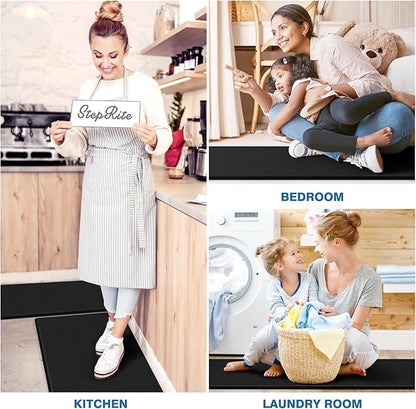 StepRite Kitchen Mats, 2PCS Kitchen Rugs, Cushioned Anti Fatigue Kitchen Mats for Floor, Non-Slip Standing Desk Mat, Waterproof Kitchen Rug Set for Kitchen, Floor, Office, 17.3"x30"+17.3"x70", Black