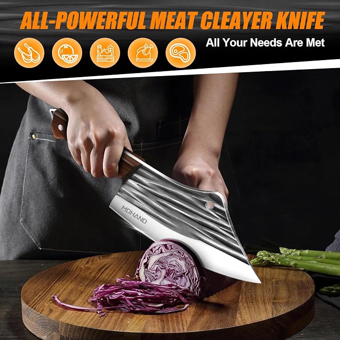 MDHAND Butcher Knife Set, Hand Forged Serbian Chef Knife Set with Roll Bag, Heavy Duty Meat Cleaver Knives, Boning Knife, Meat Cutting Knife for Home Kitchen & Camping BBQ, Gifts for Men Women